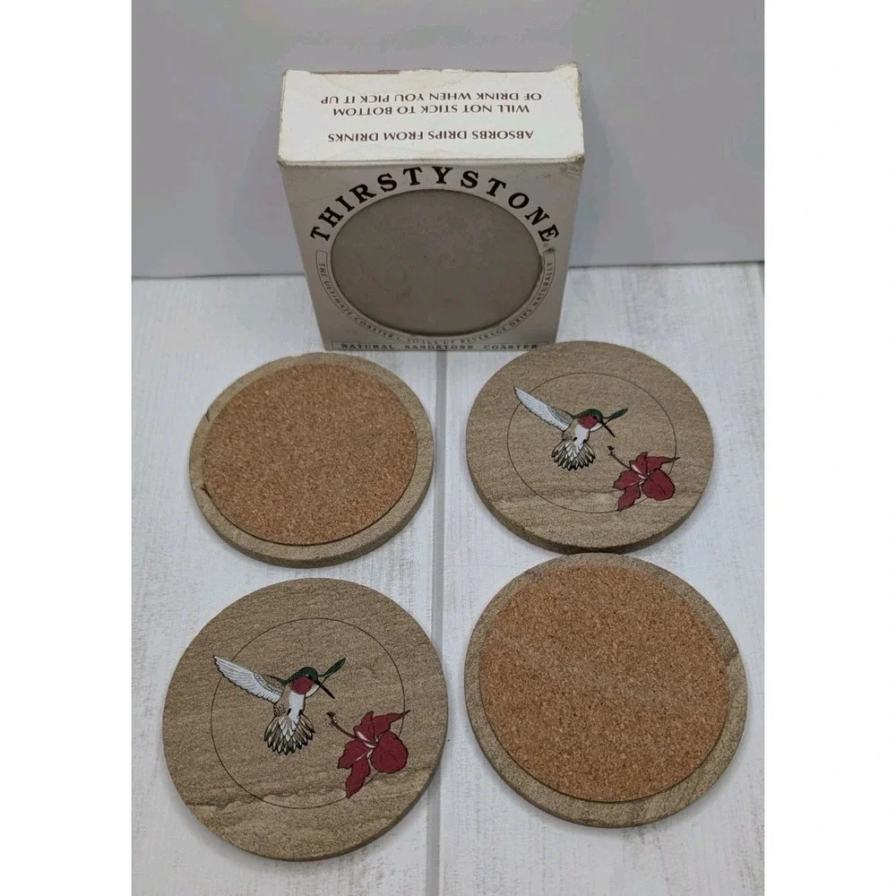 Vintage Thirstystone Hummingbird Sandstone Coasters Set of 4 New Old Stock Box